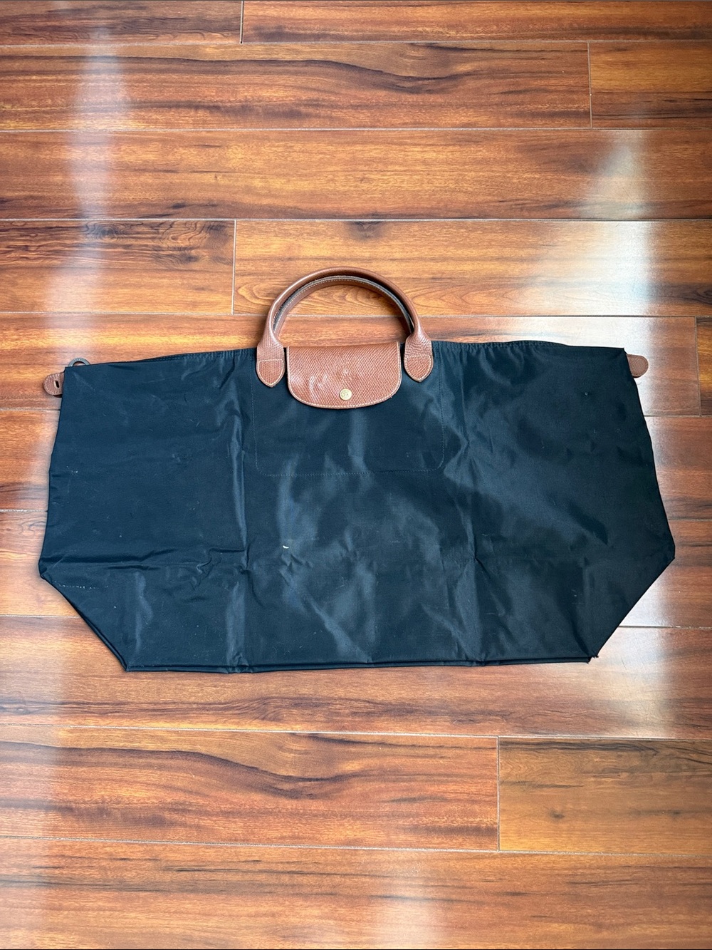 Longchamp Black Nylon Travel Tote with Brown Leather Trim XL